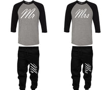 Load image into Gallery viewer, Mr and Mrs baseball shirts, matching top and bottom set, Black Grey Black baseball shirts, men joggers, shirt and jogger pants women. Matching couple joggers