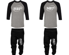 將圖片載入圖庫檢視器 Hubby and Wifey baseball shirts, matching top and bottom set, Black Grey Black baseball shirts, men joggers, shirt and jogger pants women. Matching couple joggers