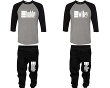 將圖片載入圖庫檢視器 Hubby and Wifey baseball shirts, matching top and bottom set, Black Grey Black baseball shirts, men joggers, shirt and jogger pants women. Matching couple joggers