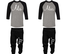 Load image into Gallery viewer, Mr and Mrs baseball shirts, matching top and bottom set, Black Grey Black baseball shirts, men joggers, shirt and jogger pants women. Matching couple joggers