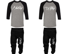 Load image into Gallery viewer, Hubby and Wifey baseball shirts, matching top and bottom set, Black Grey Black baseball shirts, men joggers, shirt and jogger pants women. Matching couple joggers