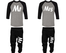 Load image into Gallery viewer, Mr and Mrs baseball shirts, matching top and bottom set, Black Grey Black baseball shirts, men joggers, shirt and jogger pants women. Matching couple joggers