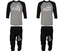 Load image into Gallery viewer, King and Queen baseball shirts, matching top and bottom set, Black Grey Black baseball shirts, men joggers, shirt and jogger pants women. Matching couple joggers