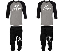 Load image into Gallery viewer, Mr and Mrs baseball shirts, matching top and bottom set, Black Grey Black baseball shirts, men joggers, shirt and jogger pants women. Matching couple joggers