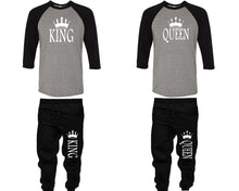Load image into Gallery viewer, King and Queen baseball shirts, matching top and bottom set, Black Grey Black baseball shirts, men joggers, shirt and jogger pants women. Matching couple joggers
