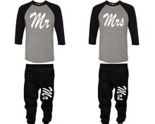 Load image into Gallery viewer, Mr and Mrs baseball shirts, matching top and bottom set, Black Grey Black baseball shirts, men joggers, shirt and jogger pants women. Matching couple joggers