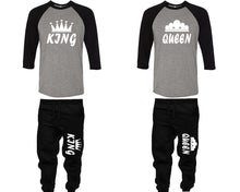 Load image into Gallery viewer, King and Queen baseball shirts, matching top and bottom set, Black Grey Black baseball shirts, men joggers, shirt and jogger pants women. Matching couple joggers
