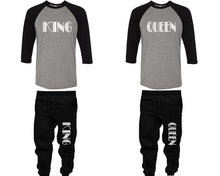 Load image into Gallery viewer, King and Queen baseball shirts, matching top and bottom set, Black Grey Black baseball shirts, men joggers, shirt and jogger pants women. Matching couple joggers
