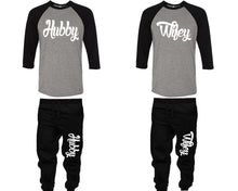 將圖片載入圖庫檢視器 Hubby and Wifey baseball shirts, matching top and bottom set, Black Grey Black baseball shirts, men joggers, shirt and jogger pants women. Matching couple joggers
