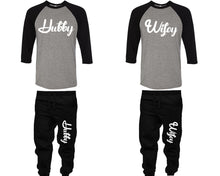將圖片載入圖庫檢視器 Hubby and Wifey baseball shirts, matching top and bottom set, Black Grey Black baseball shirts, men joggers, shirt and jogger pants women. Matching couple joggers