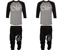 Load image into Gallery viewer, Mr and Mrs baseball shirts, matching top and bottom set, Black Grey Black baseball shirts, men joggers, shirt and jogger pants women. Matching couple joggers