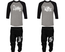 將圖片載入圖庫檢視器 Hubby and Wifey baseball shirts, matching top and bottom set, Black Grey Black baseball shirts, men joggers, shirt and jogger pants women. Matching couple joggers
