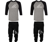 Load image into Gallery viewer, Mr and Mrs baseball shirts, matching top and bottom set, Black Grey Black baseball shirts, men joggers, shirt and jogger pants women. Matching couple joggers