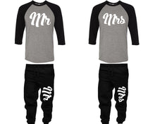 Load image into Gallery viewer, Mr and Mrs baseball shirts, matching top and bottom set, Black Grey Black baseball shirts, men joggers, shirt and jogger pants women. Matching couple joggers