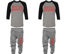 Load image into Gallery viewer, King and Queen baseball shirts, matching top and bottom set, Black Grey Grey baseball shirts, men joggers, shirt and jogger pants women. Matching couple joggers