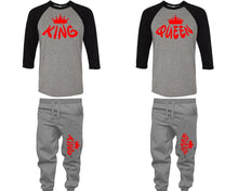 Load image into Gallery viewer, King and Queen baseball shirts, matching top and bottom set, Black Grey Grey baseball shirts, men joggers, shirt and jogger pants women. Matching couple joggers