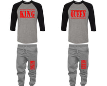 Load image into Gallery viewer, King and Queen baseball shirts, matching top and bottom set, Black Grey Grey baseball shirts, men joggers, shirt and jogger pants women. Matching couple joggers