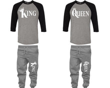 將圖片載入圖庫檢視器 King and Queen baseball shirts, matching top and bottom set, Black Grey Grey baseball shirts, men joggers, shirt and jogger pants women. Matching couple joggers