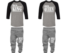 Load image into Gallery viewer, Her King and His Queen baseball shirts, matching top and bottom set, Black Grey Grey baseball shirts, men joggers, shirt and jogger pants women. Matching couple joggers