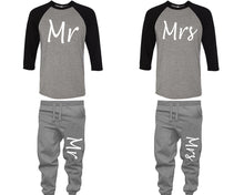Load image into Gallery viewer, Mr and Mrs baseball shirts, matching top and bottom set, Black Grey Grey baseball shirts, men joggers, shirt and jogger pants women. Matching couple joggers