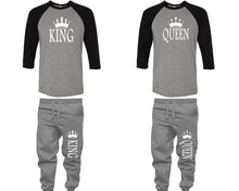 Load image into Gallery viewer, King and Queen baseball shirts, matching top and bottom set, Black Grey Grey baseball shirts, men joggers, shirt and jogger pants women. Matching couple joggers