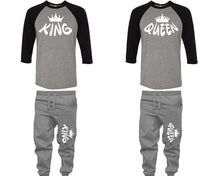 Load image into Gallery viewer, King and Queen baseball shirts, matching top and bottom set, Black Grey Grey baseball shirts, men joggers, shirt and jogger pants women. Matching couple joggers