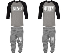 Load image into Gallery viewer, King and Queen baseball shirts, matching top and bottom set, Black Grey Grey baseball shirts, men joggers, shirt and jogger pants women. Matching couple joggers