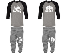 Load image into Gallery viewer, King and Queen baseball shirts, matching top and bottom set, Black Grey Grey baseball shirts, men joggers, shirt and jogger pants women. Matching couple joggers