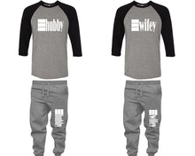 將圖片載入圖庫檢視器 Hubby and Wifey baseball shirts, matching top and bottom set, Black Grey Grey baseball shirts, men joggers, shirt and jogger pants women. Matching couple joggers