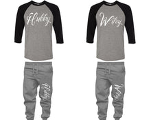 將圖片載入圖庫檢視器 Hubby and Wifey baseball shirts, matching top and bottom set, Black Grey Grey baseball shirts, men joggers, shirt and jogger pants women. Matching couple joggers