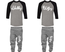 將圖片載入圖庫檢視器 Hubby and Wifey baseball shirts, matching top and bottom set, Black Grey Grey baseball shirts, men joggers, shirt and jogger pants women. Matching couple joggers