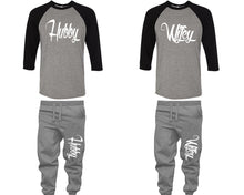 將圖片載入圖庫檢視器 Hubby and Wifey baseball shirts, matching top and bottom set, Black Grey Grey baseball shirts, men joggers, shirt and jogger pants women. Matching couple joggers