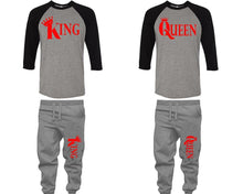Load image into Gallery viewer, King and Queen baseball shirts, matching top and bottom set, Black Grey Grey baseball shirts, men joggers, shirt and jogger pants women. Matching couple joggers