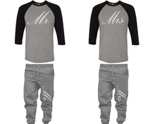 Load image into Gallery viewer, Mr and Mrs baseball shirts, matching top and bottom set, Black Grey Grey baseball shirts, men joggers, shirt and jogger pants women. Matching couple joggers