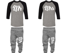 Load image into Gallery viewer, Mr and Mrs baseball shirts, matching top and bottom set, Black Grey Grey baseball shirts, men joggers, shirt and jogger pants women. Matching couple joggers