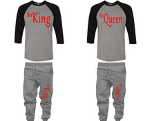 將圖片載入圖庫檢視器 Her King and His Queen baseball shirts, matching top and bottom set, Black Grey Grey baseball shirts, men joggers, shirt and jogger pants women. Matching couple joggers