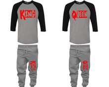 Load image into Gallery viewer, King and Queen baseball shirts, matching top and bottom set, Black Grey Grey baseball shirts, men joggers, shirt and jogger pants women. Matching couple joggers