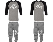 Load image into Gallery viewer, Mr and Mrs baseball shirts, matching top and bottom set, Black Grey Grey baseball shirts, men joggers, shirt and jogger pants women. Matching couple joggers
