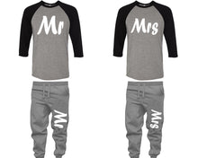 Load image into Gallery viewer, Mr and Mrs baseball shirts, matching top and bottom set, Black Grey Grey baseball shirts, men joggers, shirt and jogger pants women. Matching couple joggers