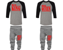 Load image into Gallery viewer, Her King and His Queen baseball shirts, matching top and bottom set, Black Grey Grey baseball shirts, men joggers, shirt and jogger pants women. Matching couple joggers