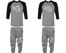 Load image into Gallery viewer, Mr and Mrs baseball shirts, matching top and bottom set, Black Grey Grey baseball shirts, men joggers, shirt and jogger pants women. Matching couple joggers