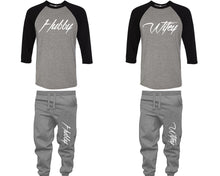 Load image into Gallery viewer, Hubby and Wifey baseball shirts, matching top and bottom set, Black Grey Grey baseball shirts, men joggers, shirt and jogger pants women. Matching couple joggers