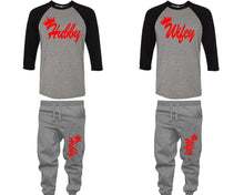 將圖片載入圖庫檢視器 Hubby and Wifey baseball shirts, matching top and bottom set, Black Grey Grey baseball shirts, men joggers, shirt and jogger pants women. Matching couple joggers
