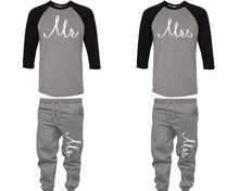 Load image into Gallery viewer, Mr and Mrs baseball shirts, matching top and bottom set, Black Grey Grey baseball shirts, men joggers, shirt and jogger pants women. Matching couple joggers
