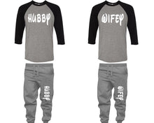 將圖片載入圖庫檢視器 Hubby and Wifey baseball shirts, matching top and bottom set, Black Grey Grey baseball shirts, men joggers, shirt and jogger pants women. Matching couple joggers