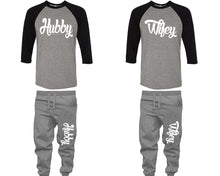 將圖片載入圖庫檢視器 Hubby and Wifey baseball shirts, matching top and bottom set, Black Grey Grey baseball shirts, men joggers, shirt and jogger pants women. Matching couple joggers