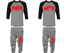 將圖片載入圖庫檢視器 Hubby and Wifey baseball shirts, matching top and bottom set, Black Grey Grey baseball shirts, men joggers, shirt and jogger pants women. Matching couple joggers