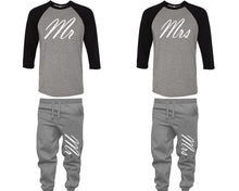 Load image into Gallery viewer, Mr and Mrs baseball shirts, matching top and bottom set, Black Grey Grey baseball shirts, men joggers, shirt and jogger pants women. Matching couple joggers