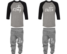 Load image into Gallery viewer, King and Queen baseball shirts, matching top and bottom set, Black Grey Grey baseball shirts, men joggers, shirt and jogger pants women. Matching couple joggers