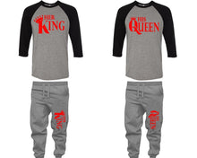 Load image into Gallery viewer, Her King and His Queen baseball shirts, matching top and bottom set, Black Grey Grey baseball shirts, men joggers, shirt and jogger pants women. Matching couple joggers
